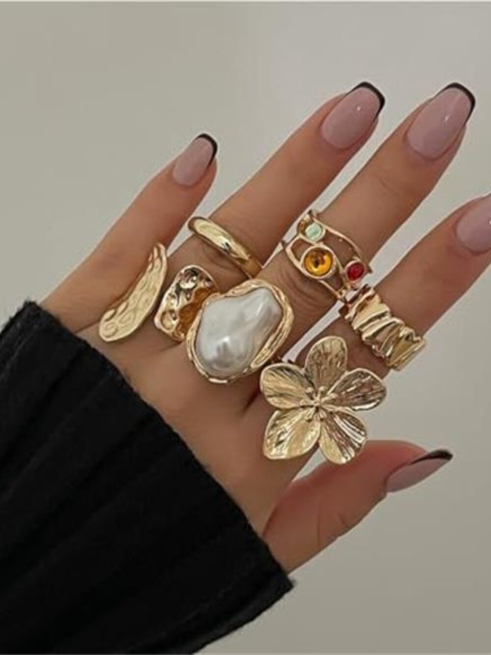 Chunky Gold Rings for Women Non Tarnish Stackable Baroque Pearl Flower Knuckle